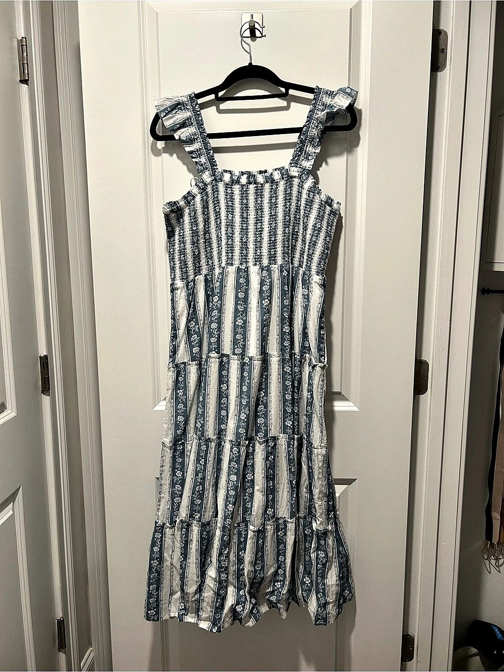 J.Crew Blue White Floral Tiered Midi Dress Cotton Smocked Size L NWT